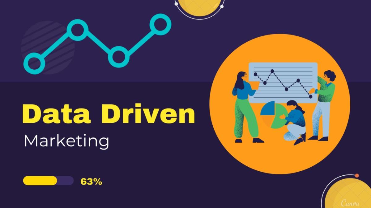 Data-driven digital marketing strategy illustration with analytics chart and team analyzing business growth data
